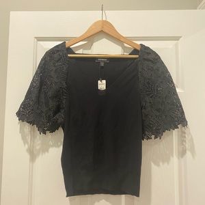 EXPRESS black blouse lace puff sleeves